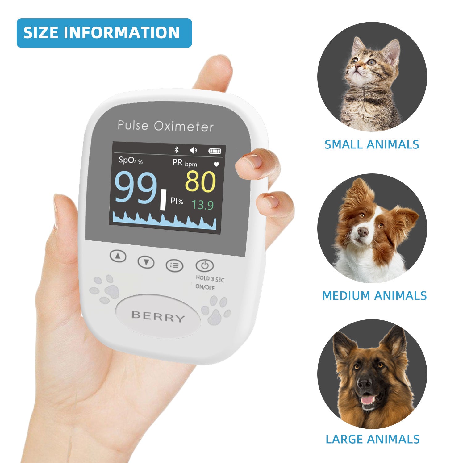 BERRY Veterinary Spo2 Pulse Oximeter,Handheld Digital Animal Pulse Oximeter Equipment for Pet Dog and Cat Tongue Probe,Easy to use and Accurate Monitor, Bluetooth 5.0 & Battery Powered (Not Included)