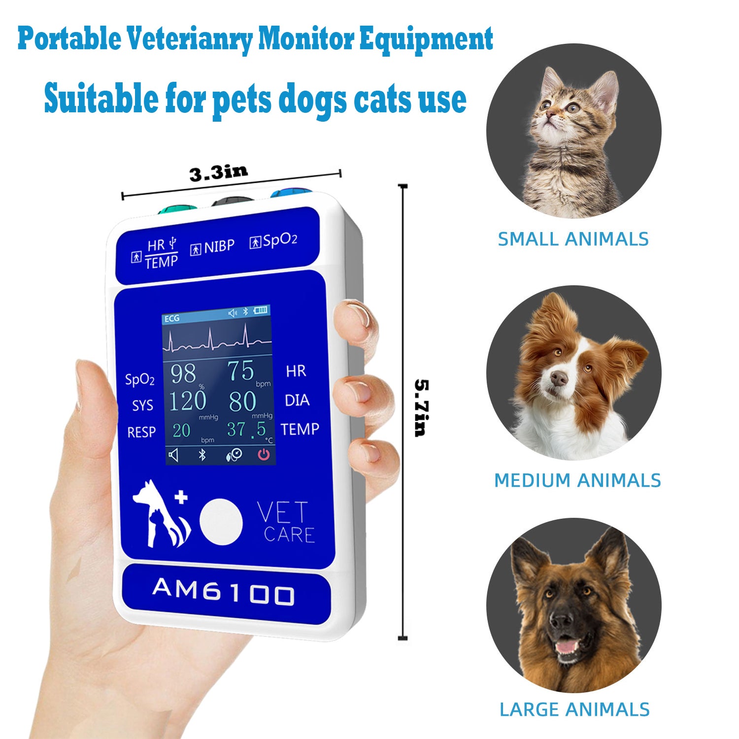 Berry Digital Veterinary Monitor for Dog Cat Pets, 6 Parameters Animal Mnitoring Equipment, Vet Spo2 Pulse Pressure Monitor for Home Clinic Use, Easy Operatin and Clear Reading,Bluetooth 5.0