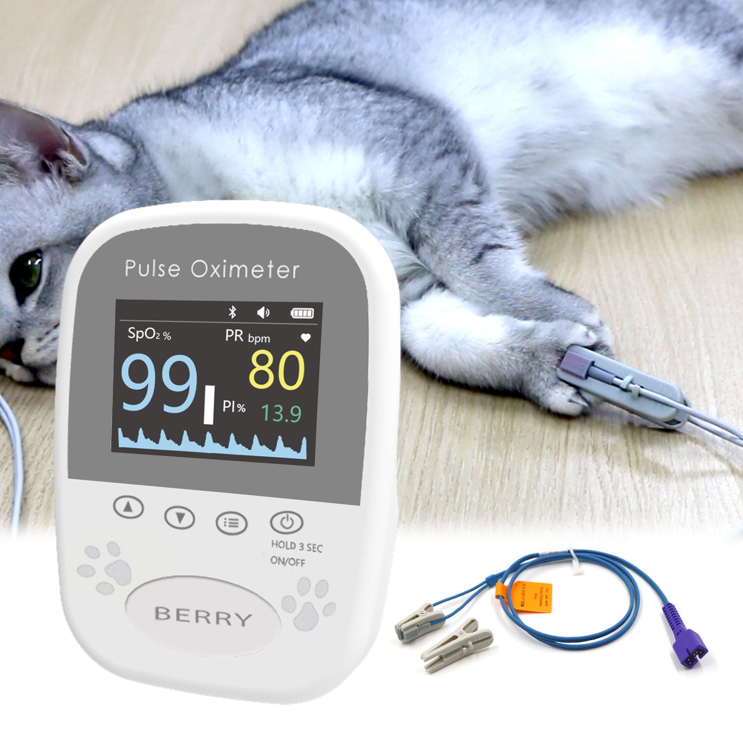 BERRY Veterinary Spo2 Pulse Oximeter,Handheld Digital Animal Pulse Oximeter Equipment for Pet Dog and Cat Tongue Probe,Easy to use and Accurate Monitor, Bluetooth 5.0 & Battery Powered (Not Included)