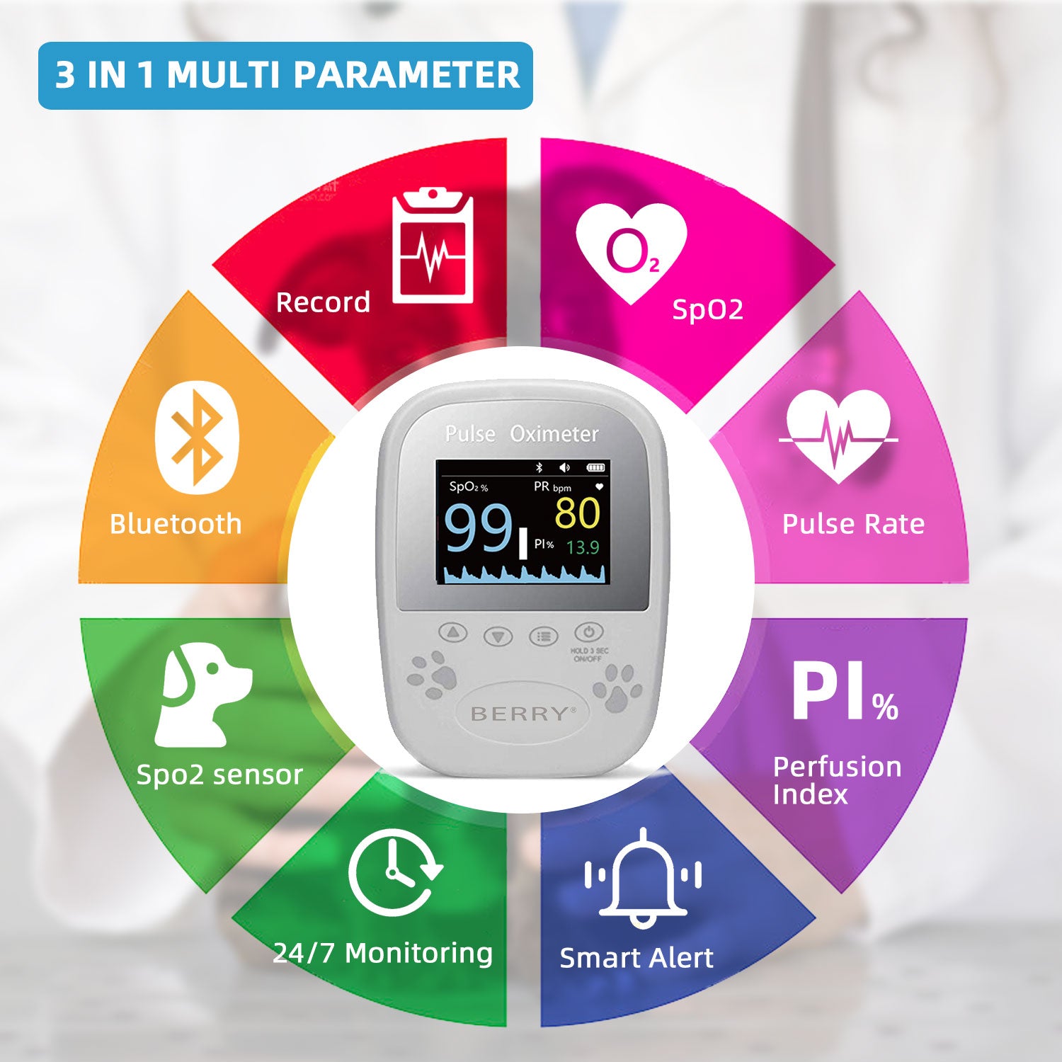 BERRY Veterinary Spo2 Pulse Oximeter,Handheld Digital Animal Pulse Oximeter Equipment for Pet Dog and Cat Tongue Probe,Easy to use and Accurate Monitor, Bluetooth 5.0 & Battery Powered (Not Included)