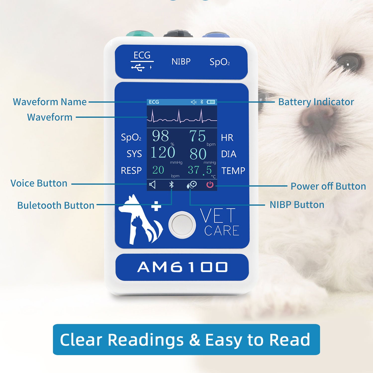 Berry Digital Veterinary Monitor for Dog Cat Pets, 6 Parameters Animal Mnitoring Equipment, Vet Spo2 Pulse Pressure Monitor for Home Clinic Use, Easy Operatin and Clear Reading,Bluetooth 5.0