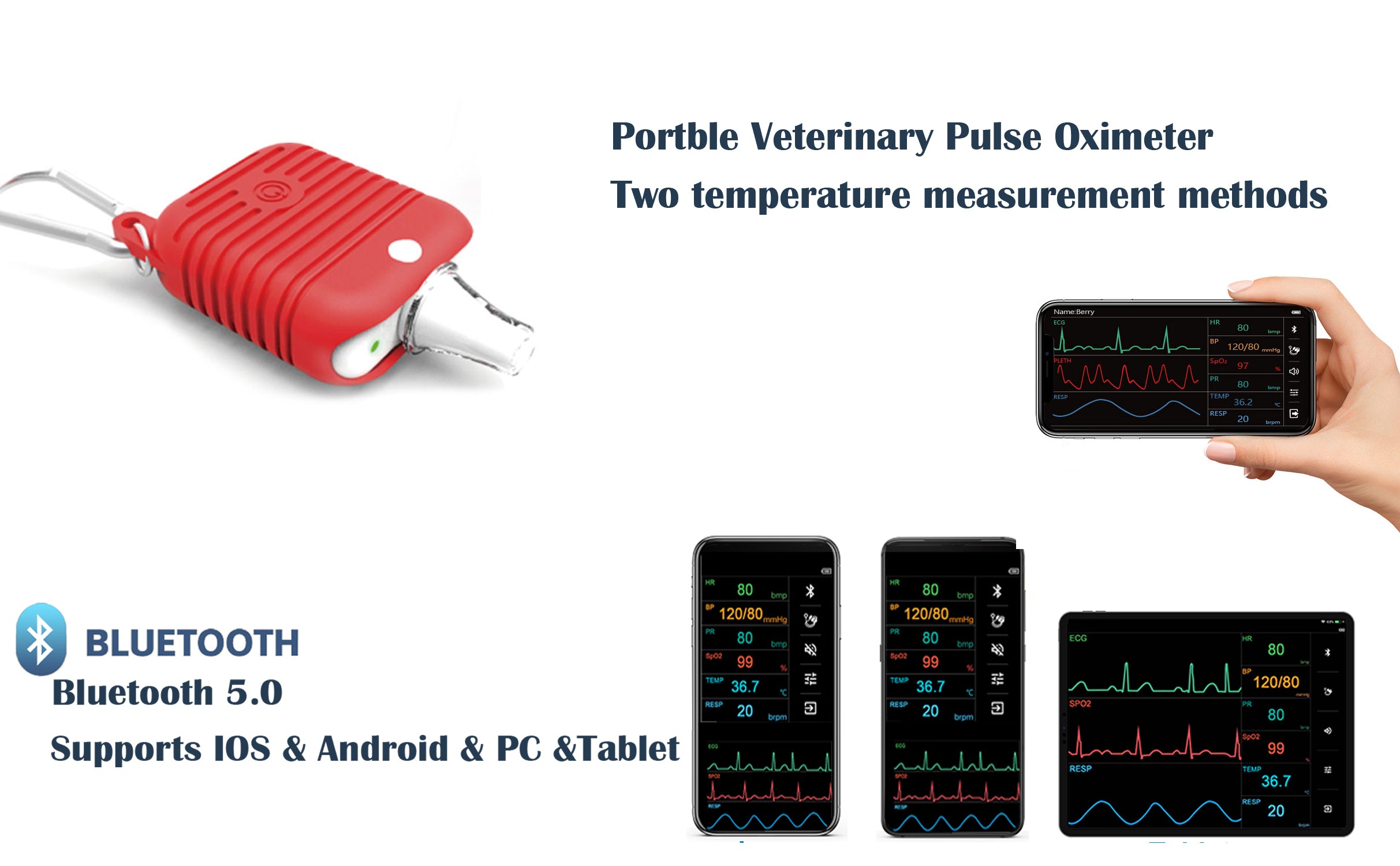 Berry Am4100 Red Infrared Remote Vet oximeter Support ecg spo2 pr temProfessional Veterinary use Monitor for animal use ECG,SpO2,Temperature