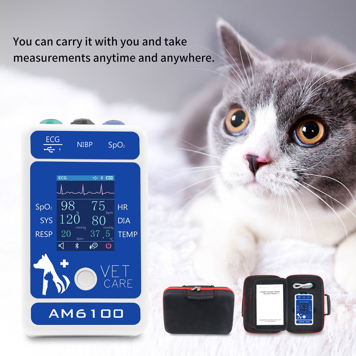 Berry Digital Veterinary Monitor for Dog Cat Pets, 6 Parameters Animal Mnitoring Equipment, Vet Spo2 Pulse Pressure Monitor for Home Clinic Use, Easy Operatin and Clear Reading,Bluetooth 5.0