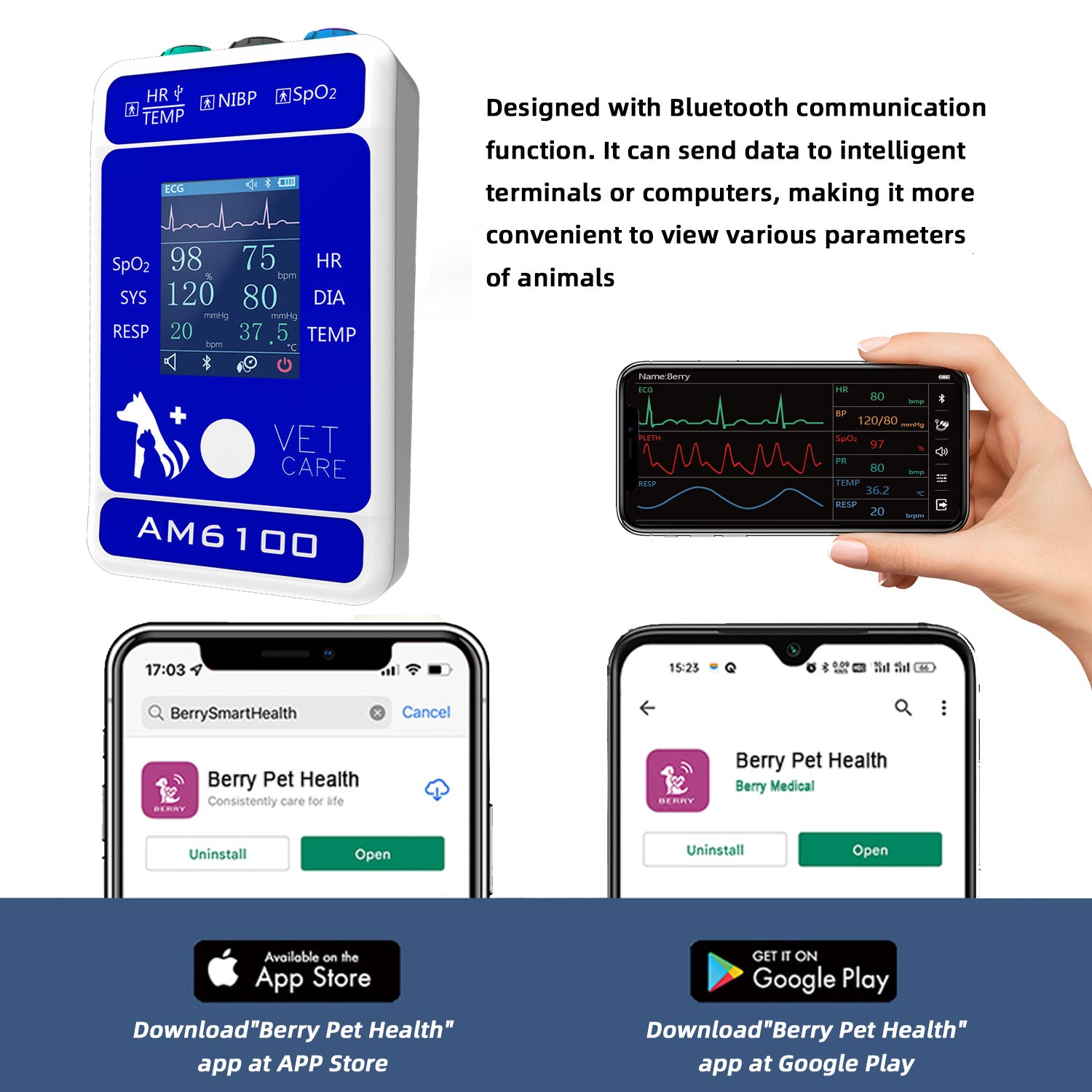 Berry Digital Veterinary Monitor for Dog Cat Pets, 6 Parameters Animal Mnitoring Equipment, Vet Spo2 Pulse Pressure Monitor for Home Clinic Use, Easy Operatin and Clear Reading,Bluetooth 5.0