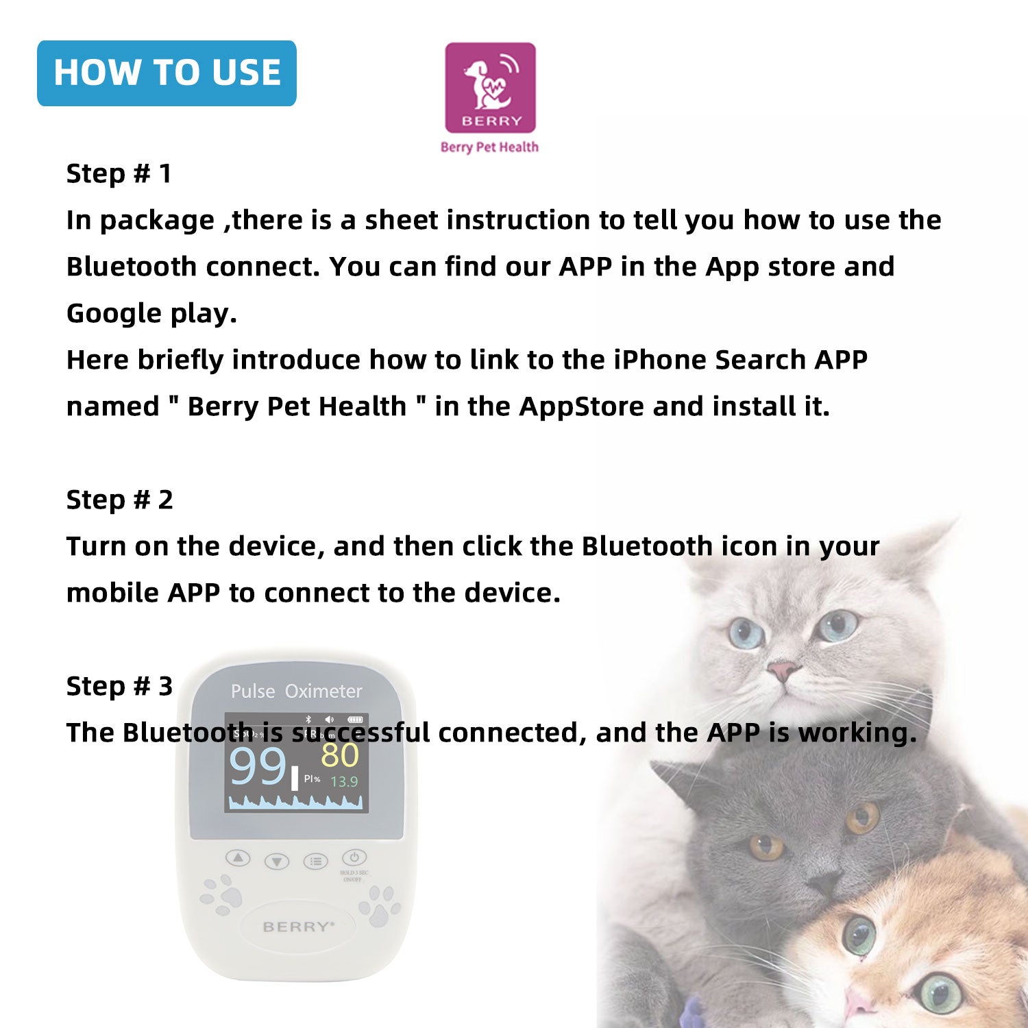 BERRY Veterinary Spo2 Pulse Oximeter,Handheld Digital Animal Pulse Oximeter Equipment for Pet Dog and Cat Tongue Probe,Easy to use and Accurate Monitor, Bluetooth 5.0 & Battery Powered (Not Included)