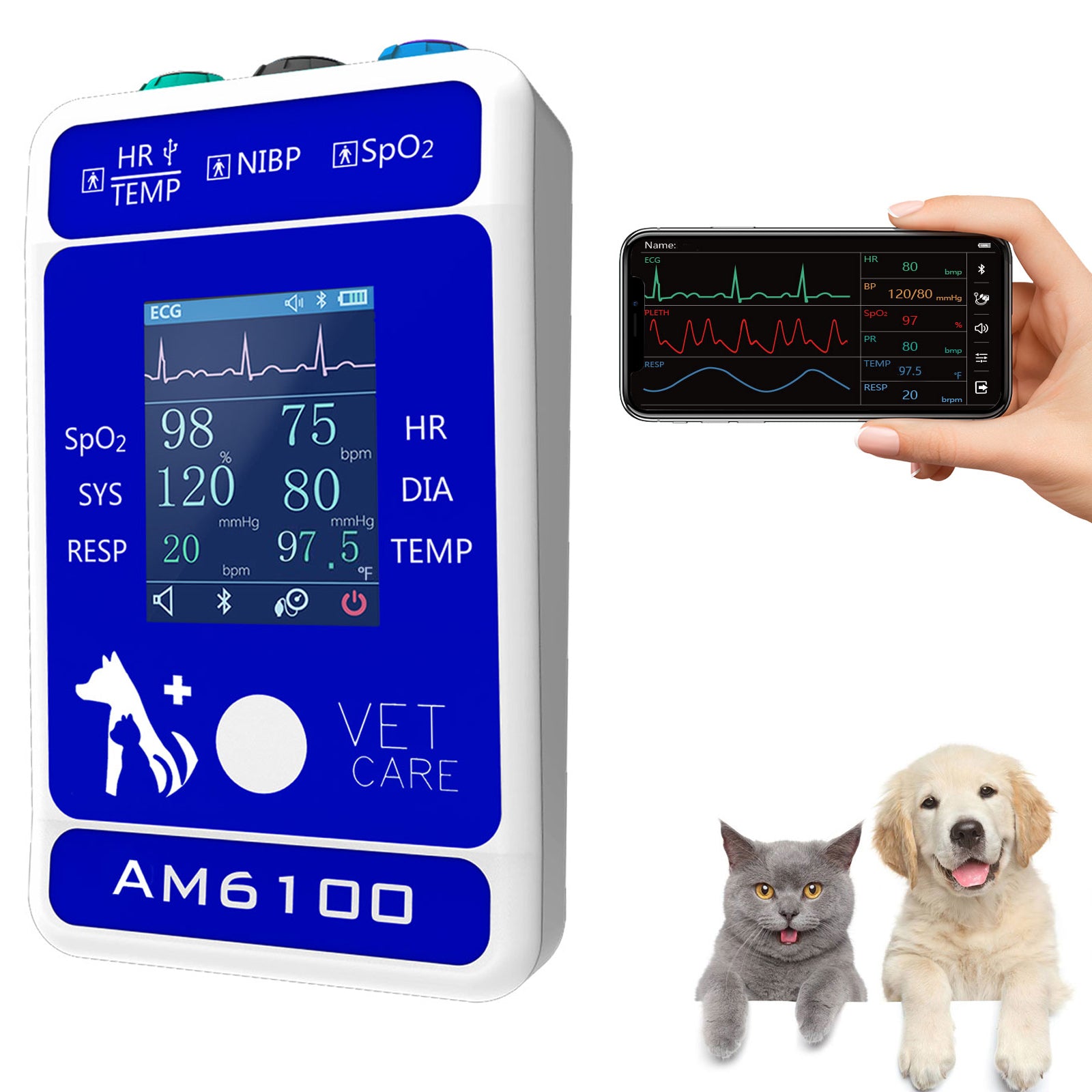 Berry Digital Veterinary Monitor for Dog Cat Pets, 6 Parameters Animal Mnitoring Equipment, Vet Spo2 Pulse Pressure Monitor for Home Clinic Use, Easy Operatin and Clear Reading,Bluetooth 5.0