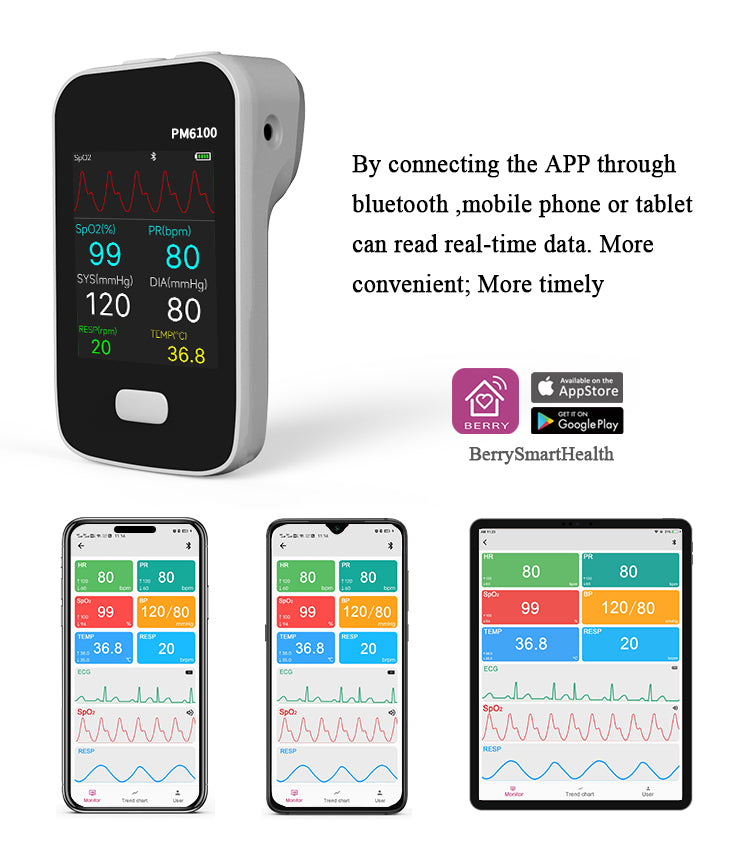 Berry Portable ecg machine Palm spo2 monitor Spo2 monitor Bluetooth Portable Multiparameters  Vital Signs Patient Monitor